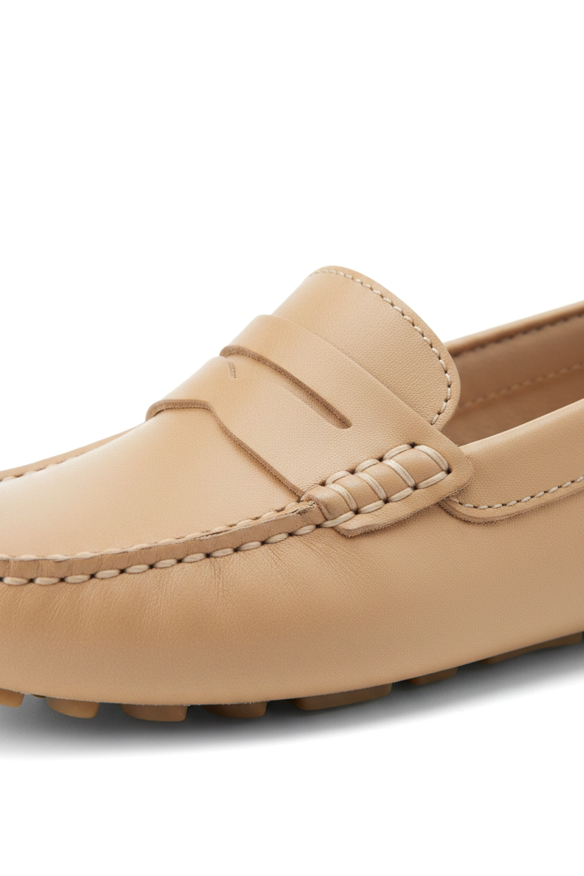 Angico Beige Leather Driving Loafers – Flat Penny Moccasins-4