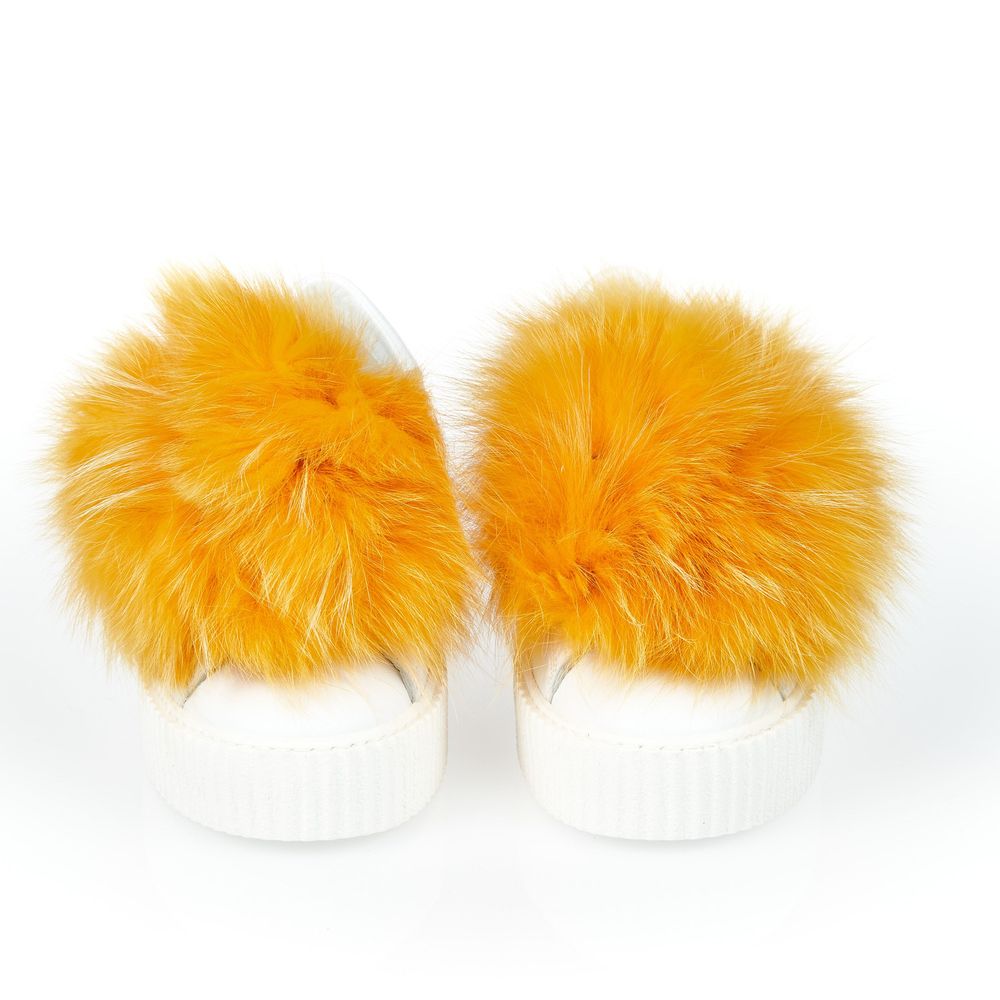 Baskets en textile blanc pour femme Mr&Mrs Italy avec pompon en vraie fourrure